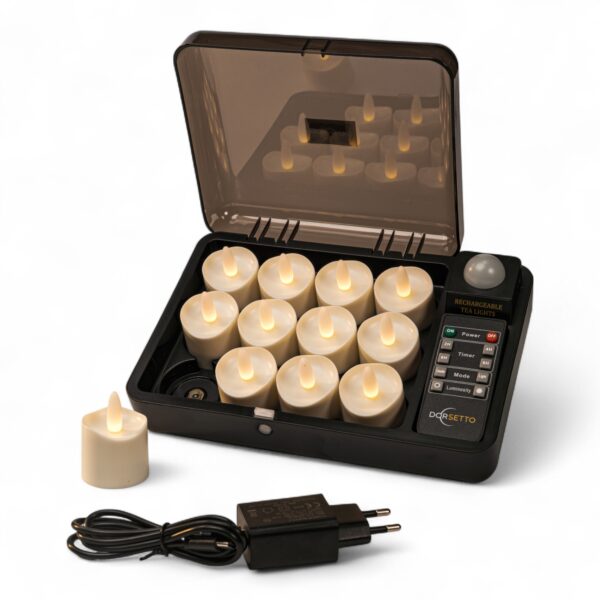 Sæt med 6 genopladelige vandtætte LED-fyrfadslys i varm hvid fra DORSETTO med fjernbetjening og opladningsstation