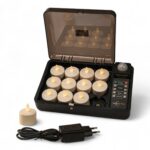 12 vandtætte genopladelige LED-fyrfadslys i varm hvid (op til 400 timer) med fjernbetjening – på hvid baggrund