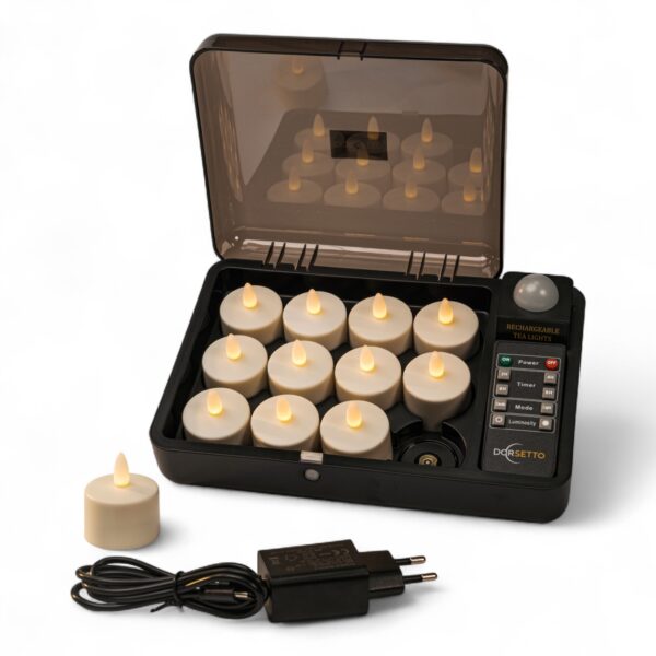 12 vandtætte genopladelige LED-fyrfadslys i varm hvid (op til 400 timer) med fjernbetjening – på hvid baggrund