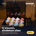 Et sæt med 12 genopladelige, vandtætte RGB LED-te-lys fra Dorsetto med op til 160 timers driftstid og 12 farver. Leveres i et sort etui med en fjernbetjening til endeløs atmosfære.