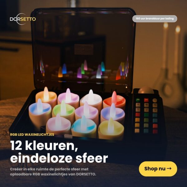 Et sæt med 12 genopladelige, vandtætte RGB LED-te-lys fra Dorsetto med op til 160 timers driftstid og 12 farver. Leveres i et sort etui med en fjernbetjening til endeløs atmosfære.