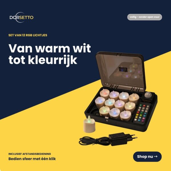 Det Genopladelige RGB LED-fyrfadslys (12 stk.) er vandtætte, har op til 160 timers batteritid og leveres med fjernbetjening - sikre, flammeløse og farveskiftende fyrfadslys i sort opladeretui.