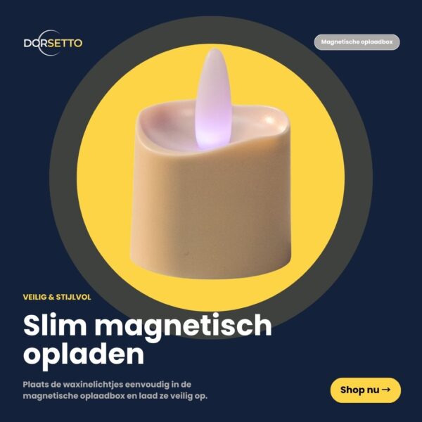 Et beige Genopladelige RGB LED-fyrfadslys lyser i midten af en mørkeblå grafik med gule cirkler. Hollandsk tekst fremhæver magnetisk opladning. "Shop nu"-knap vises. Pakke: 12 stk, vandtætte, op til 160 timer, med fjernbetjening.