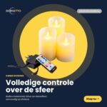 Fire genopladelige LED-vokslys i forskellige højder lyser op, med en fjernbetjening og en strømadapter foran. Runde gule detaljer fremhæver teksten »Genopladelige LED-vokslys – sæt med 4 – DORSETTO« (på hollandsk), og der er en »Køb nu«-knap.