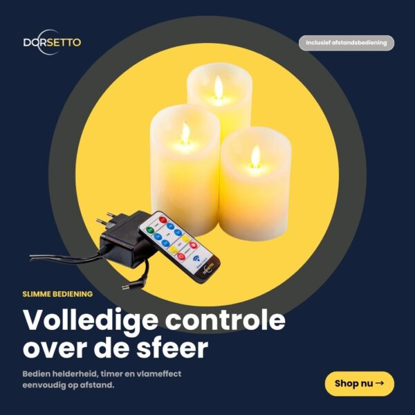Fire genopladelige LED-vokslys i forskellige højder lyser op, med en fjernbetjening og en strømadapter foran. Runde gule detaljer fremhæver teksten »Genopladelige LED-vokslys – sæt med 4 – DORSETTO« (på hollandsk), og der er en »Køb nu«-knap.