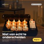 Et sæt med 12 genopladelige 3D-LED-tealys med flimrende flamme, op til 400 timers brændetid og timerfunktion, leveret med fjernbetjening i en brun æske. Den nederlandske tekst fremhæver det realistiske udseende, og der er en synlig »Køb nu«-knap.