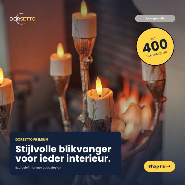 Et nærbillede af elegante, genopladelige 3D-LED-stearinlys (12 stk.) med fjernbetjening, op til 400 timers brug og timerfunktion – skaber en stilfuld, varm stemning med guldfinish.