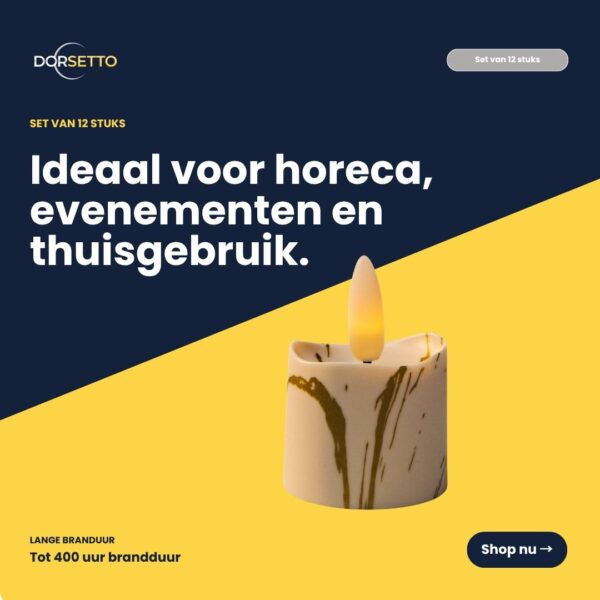 Et realistisk 3D-billede af genopladelige LED-stearinlys (12 stk.) med marmormønster og gul flamme vises på en blå/gul baggrund. Teksten på hollandsk fremhæver op til 400 timers brændetid, fjernbetjening og timer – perfekt til horeca, events og hjemmet. Knappen »Køb nu« vises.