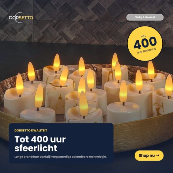 En rund bakke rummer 6 realistiske, genopladelige 3D-LED-stearinlys med varmegule flammer. Disse genopladelige stearinlys har en brændetid på op til 400 timer, er udstyret med en timer og fjernbetjening og skaber en hyggelig og stemningsfuld atmosfære.