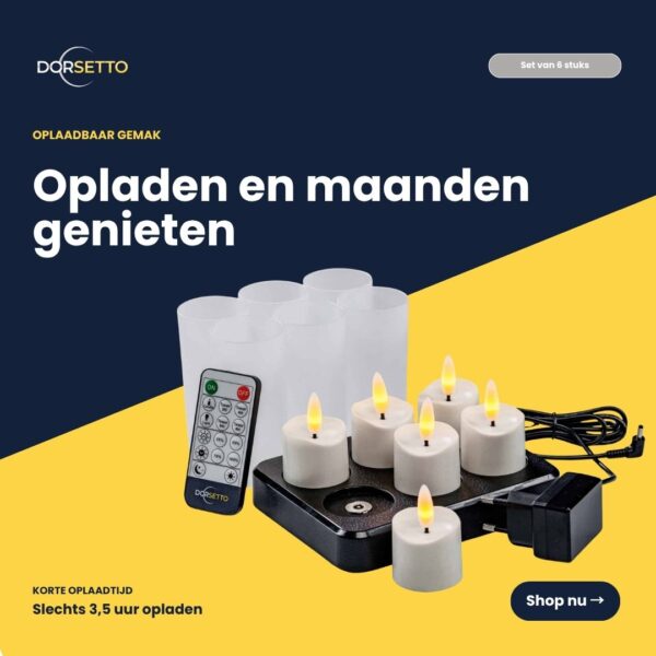 Sæt med 6 hvide, genopladelige 3D-LED-tealights (op til 400 timer) med fjernbetjening og timerfunktion samt opladningsstation og strømadapter. Vist på mørk baggrund med tekst på hollandsk om nem og hurtig genopladning.