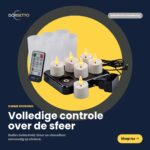 Seks genopladelige 3D-LED-stearinlys med realistiske flammer, op til 400 timers brændetid, timerfunktion og fjernbetjening vises sammen med en opladningsstation og en strømadapter. Den nederlandske tekst fremhæver det enkle, fjernbetjente lys.