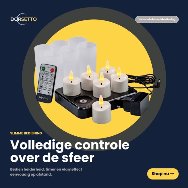 Seks genopladelige 3D-LED-stearinlys med realistiske flammer, op til 400 timers brændetid, timerfunktion og fjernbetjening vises sammen med en opladningsstation og en strømadapter. Den nederlandske tekst fremhæver det enkle, fjernbetjente lys.
