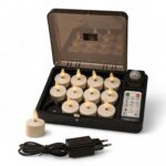 3D LED-waxinelys DORSETTO – 12 stk. genopladelige med fjernbetjening, timer og opladeboks