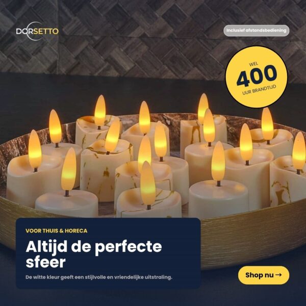 En dekorativ skål med 12 genopladelige 3D LED fyrfadslys (3D LED-waxinelys), som hver især lyser varmt i op til 400 timer. Inkluderer fjernbetjening og timer. "Altijd de perfecte sfeer"-altid den perfekte atmosfære.
