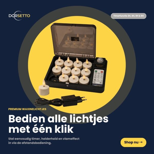 Display of 3D LED-waxinelys (12 pcs), genopladelige med op til 400 timers brændetid, fjernbetjening og timerfunktion-viser let styring af lys på mørk baggrund med hollandsk tekst.
