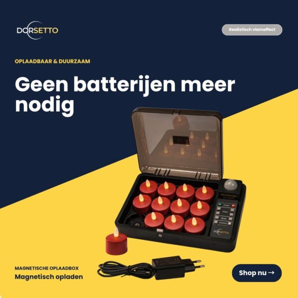 Et sæt med 12 røde genopladelige, vandtætte LED-lyskæder med timerfunktion, fjernbetjening og magnetisk opladning - ingen batterier er nødvendige. Inkluderer opladningsboks og strømadapter. Hollandsk tekst fremhæver batterifri brug.
