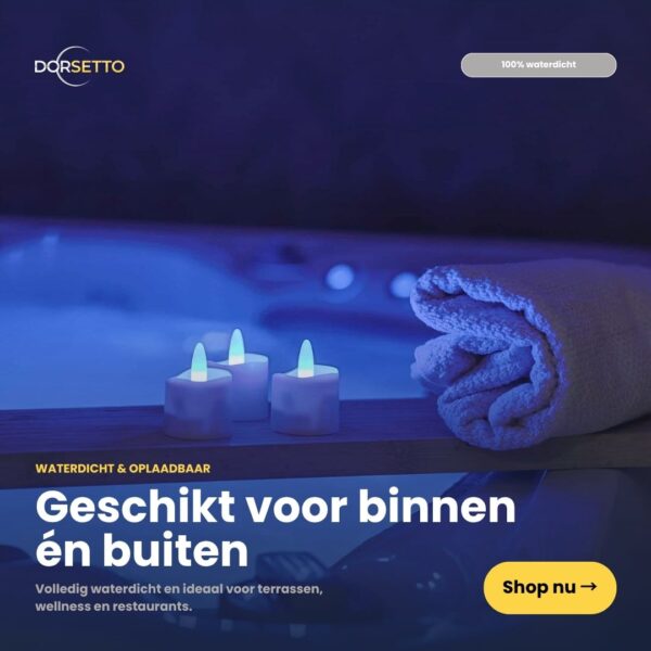 Et sammenrullet håndklæde og tre små LED-stearinlys ligger ved siden af et tændt indendørs spabad. En tekst på hollandsk reklamerer for RGB LED-fyrfadslys – vandtætte, genopladelige med op til 160 timers drift (6 stk.) med fjernbetjening til indendørs og udendørs brug, med en "Køb nu"-knap.