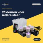 Et sæt bestående af seks RGB-LED-fyrfadslys, der er vandtætte og genopladelige med en driftstid på op til 160 timer, med fjernbetjening, vises sammen med matte holdere og oplader på en gul og mørkeblå baggrund med hollandsk produkttest.
