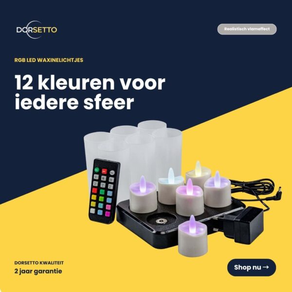 Et sæt bestående af seks RGB-LED-fyrfadslys, der er vandtætte og genopladelige med en driftstid på op til 160 timer, med fjernbetjening, vises sammen med matte holdere og oplader på en gul og mørkeblå baggrund med hollandsk produkttest.