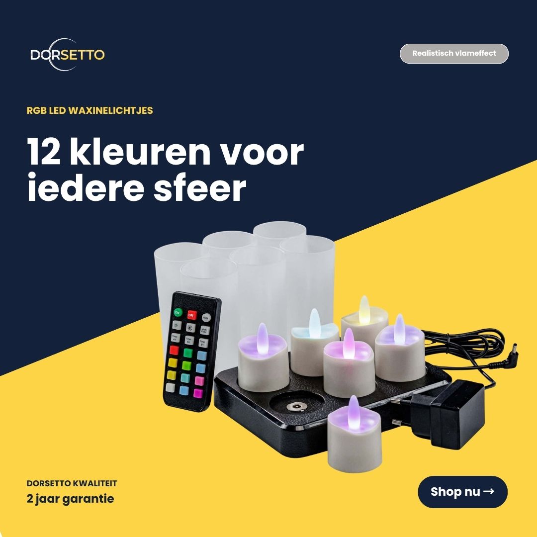 Et sæt bestående af seks RGB-LED-fyrfadslys, der er vandtætte og genopladelige med en driftstid på op til 160 timer, med fjernbetjening, vises sammen med matte holdere og oplader på en gul og mørkeblå baggrund med hollandsk produkttest.