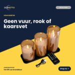 DORSETTO-sættet med genopladelige LED-lys indeholder 3 guldfarvede stearinlys i forskellige højder på et sort fad, samt fjernbetjening og USB-kabel. Den hollandske tekst fremhæver sikkerheden og brændetiden på 105 timer og præsenterer det som et 3-delt sæt.