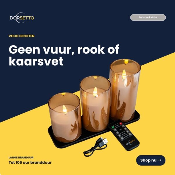 DORSETTO-sættet med genopladelige LED-lys indeholder 3 guldfarvede stearinlys i forskellige højder på et sort fad, samt fjernbetjening og USB-kabel. Den hollandske tekst fremhæver sikkerheden og brændetiden på 105 timer og præsenterer det som et 3-delt sæt.