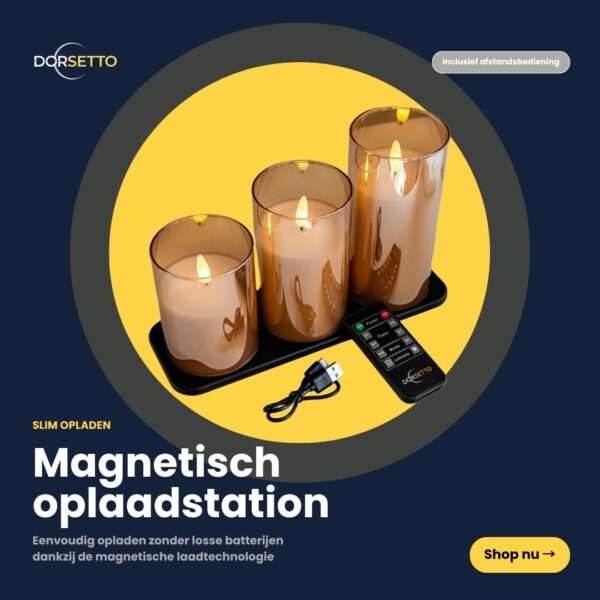 DORSETTO genopladelige LED-lamper, sæt med 3, har en brændetid på 105 timer. Leveres med fjernbetjening, USB-kabel og sort magnetisk ladestation – bemærk den smarte magnetiske opladningsfunktion.