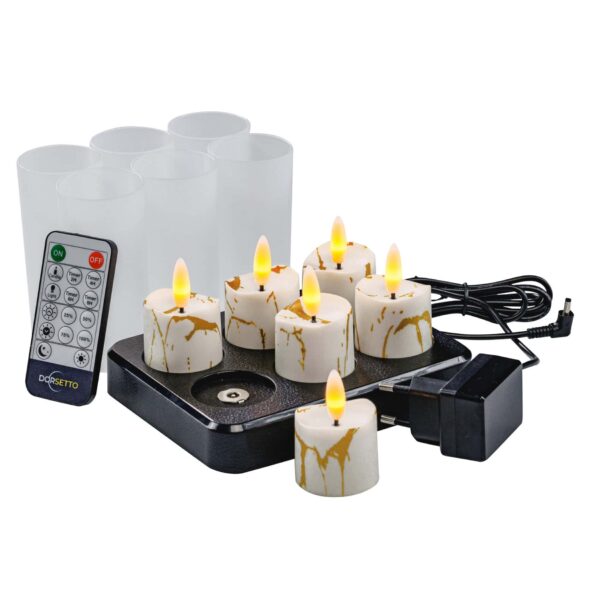 3D genopladelige LED-waxine-/thelys DORSETTO – 6 stk. med fjernbetjening, timer og marmoreret design