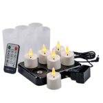 Sæt med 6 stk. 3D genopladelige LED-fyrfadslys med timerfunktion og fjernbetjening – inkl. sort opladebase, adapter og 6 matte holdere til varm stemning.