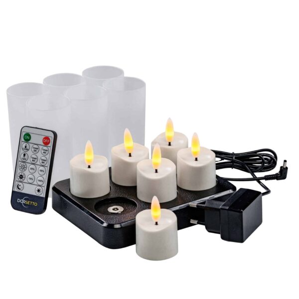 Sæt med 6 stk. 3D genopladelige LED-fyrfadslys med timerfunktion og fjernbetjening – inkl. sort opladebase, adapter og 6 matte holdere til varm stemning.