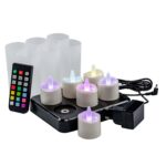 Sæt med 6 genopladelige, farveskiftende RGB LED-fyrfadslys med opladebase, fjernbetjening, 6 frostede holdere og strømadapter – vandtæt design.