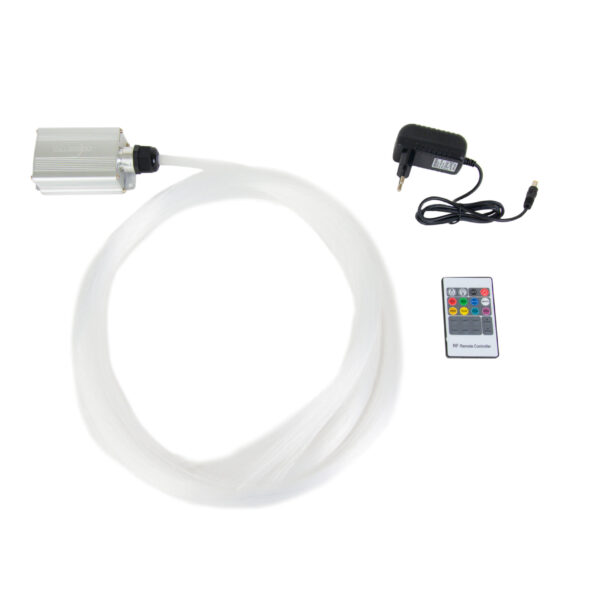 LED-stjernehimmel RGB i høj kvalitet (180 stjerner) med fjernbetjening, kontrolboks og strømforsyning på hvid baggrund