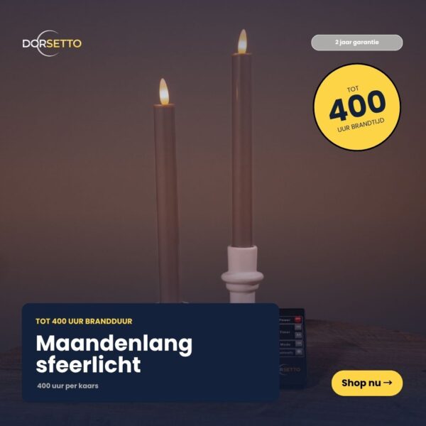 På et bord ses to LED-stearinlys i beige holdere sammen med en fjernbetjening. Den hollandske tekst reklamerer med »Maandenlang sfeerlicht« (måneders stemningsbelysning), da hvert sæt genopladelige stearinlys har en batterilevetid på op til 400 timer.