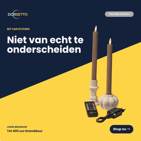 Et sæt bestående af to beige LED-spiselys (genopladelige) med en brændetid på 400 timer, vist i hvide lysestager med fjernbetjening og opladningsadapter på en blå og gul baggrund. Den nederlandske tekst fremhæver deres realistiske flammeeffekt og lange brændetid.