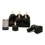 Sættet med genopladelige fyrfadslys i sort indeholder 6 genopladelige sorte fyrfadslys med brændetid op til 400 timer, fjernbetjening og opladningsbase, vist på hvid baggrund.