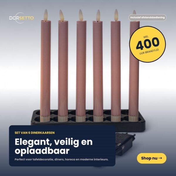 Seks LED-dinerlys rosa 250 mm står i en sort oplader. Sættet på 6 er genopladelige, dæmpbare, fjernbetjente og elegante, med op til 400 timers brugstid.
