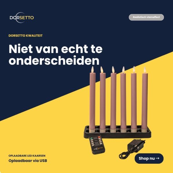 Et sæt med seks lyserøde, dæmpbare, genopladelige LED-dinerlys (250 mm) med sort fod, fjernbetjening og USB-oplader er vist på en mørkeblå og gul baggrund. I den hollandske tekst står der, at LED-dinerlys rosa ligner rigtige stearinlys.