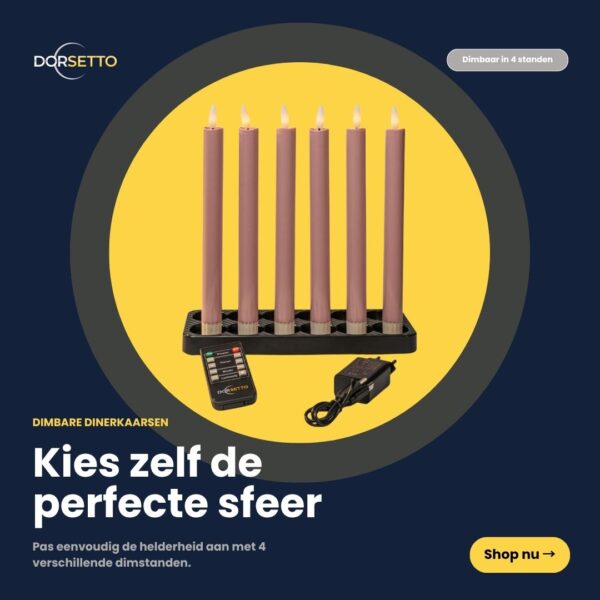 Seks lyserøde LED-middagslys (250 mm) står i en sort base. Sættet med 6 stk. er genopladeligt, dæmpbart og indeholder en fjernbetjening. "LED-dinerlys rosa"-branding og hollandsk tekst vises rundt om produktet på en mørk baggrund.