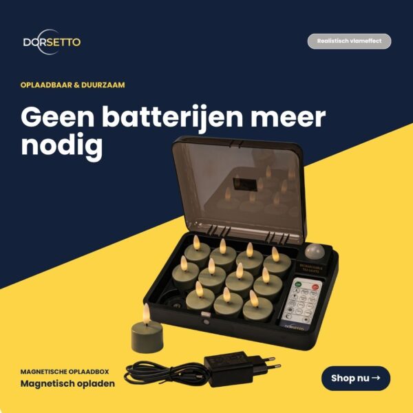 Genopladelige LED-fyrfadslys olivengrøn sæt indeholder 12 genopladelige LED-lys, fjernbetjening, ladeboks og adapter. Op til 400 timers brændetid, magnetisk opladning - ingen batterier kræves.