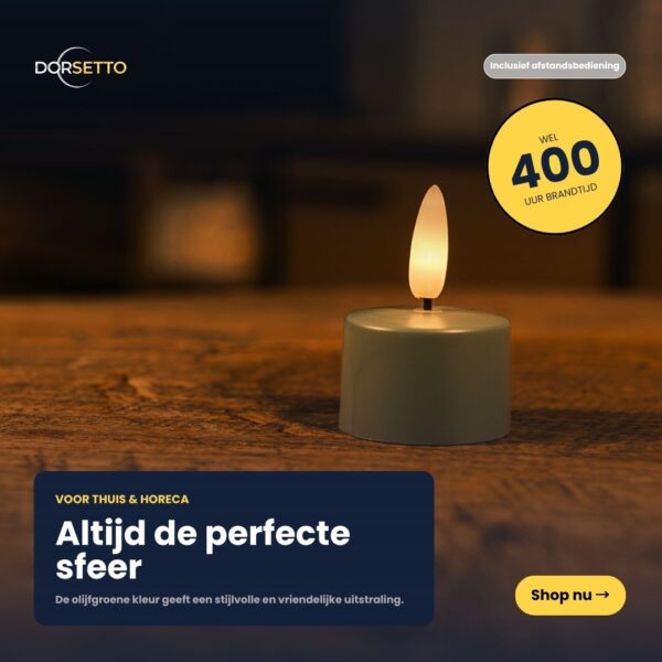 Et sæt med 12 moderne, olivengrønne genopladelige LED-fyrfadslys med en realistisk flamme hviler stilfuldt på træ. Op til 400 timers brændetid og med fjernbetjening. Skab hygge - Shop nu!.