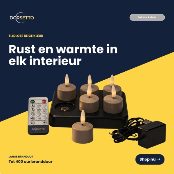 Sæt med 6 beige genopladelige fyrfadslys med fjernbetjening, der giver op til 400 timers brændetid. Inkluderer opladningsstation og strømadapter. Perfekt til at skabe en beroligende stemning i ethvert hjem.