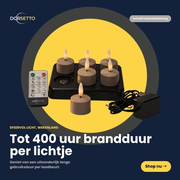 Genopladelige fyrfadslys i beige – sæt med 6 stk., inkl. fjernbetjening, sort ladestation og adapter. Hvert LED-lys har en brændetid på op til 400 timer.