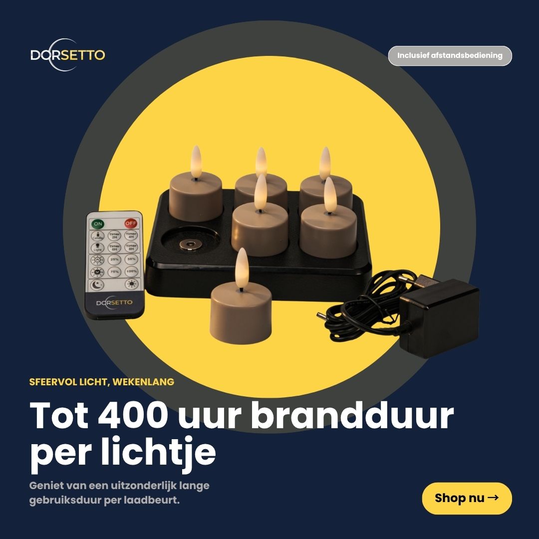 Genopladelige fyrfadslys i beige – sæt med 6 stk., inkl. fjernbetjening, sort ladestation og adapter. Hvert LED-lys har en brændetid på op til 400 timer.