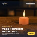 Et enkelt genopladeligt lyserødt LED fyrfadslys lyser på en mørk overflade. Hollandsk tekst reklamerer for sikkert, flammeløst lys og inviterer dig til at shoppe Genopladelige fyrfadslys i rosa - 12 stk., op til 400 timers brændetid, med fjernbetjening.