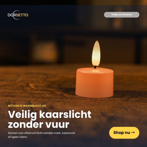 Et enkelt genopladeligt lyserødt LED fyrfadslys lyser på en mørk overflade. Hollandsk tekst reklamerer for sikkert, flammeløst lys og inviterer dig til at shoppe Genopladelige fyrfadslys i rosa - 12 stk., op til 400 timers brændetid, med fjernbetjening.