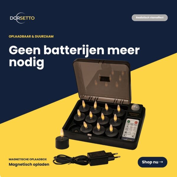 Et sæt med 12 sorte genopladelige LED-teklys (Genopladelige fyrfadslys sort) med op til 400 timers brændetid, fjernbetjening og oplader. Udstillet på en blå-gul baggrund med hollandsk tekst, der fremhæver batterifri, bæredygtig brug.
