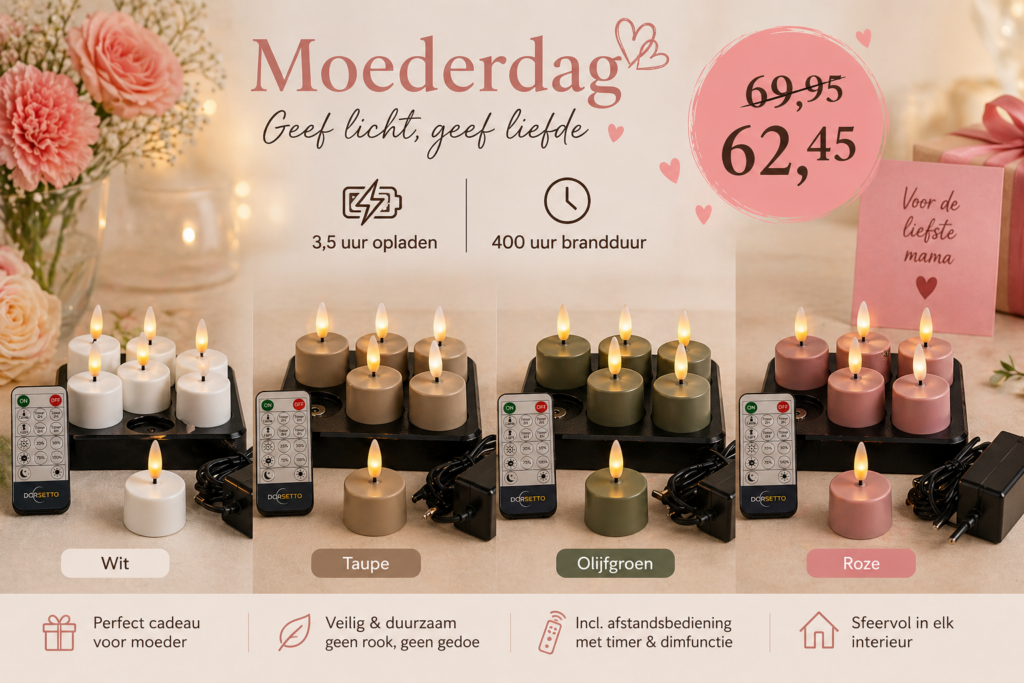 En gaveudstilling til mors dag med sæt af LED-lys i hvid, taupe, olivengrøn og pink, hver med opladere og fjernbetjeninger. Teksten fremhæver funktioner, nedsat pris og et lyserødt kort med teksten Voor de liefste mama.